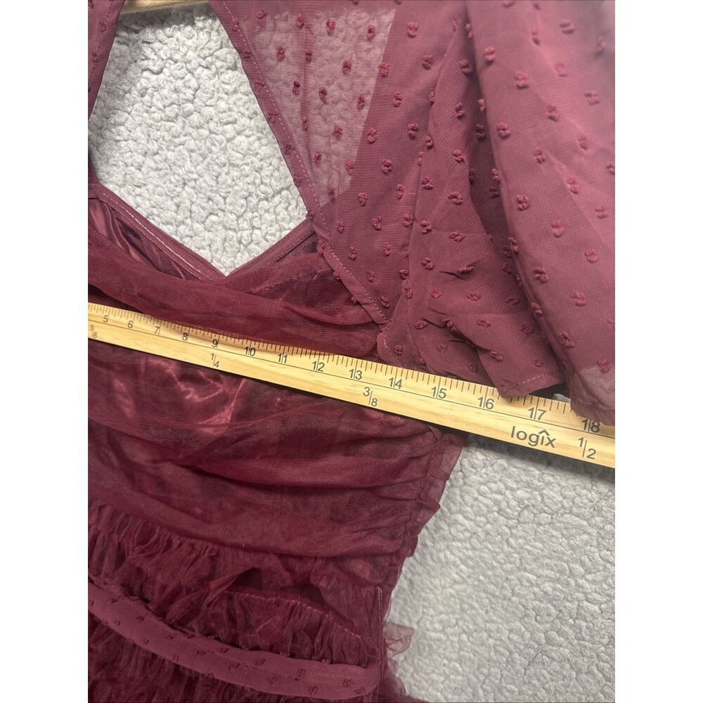 LULUS Elegant Red Wine Cocktail Dress Size S Dot Tullie Ruffles NWT - Picture 11 of 11